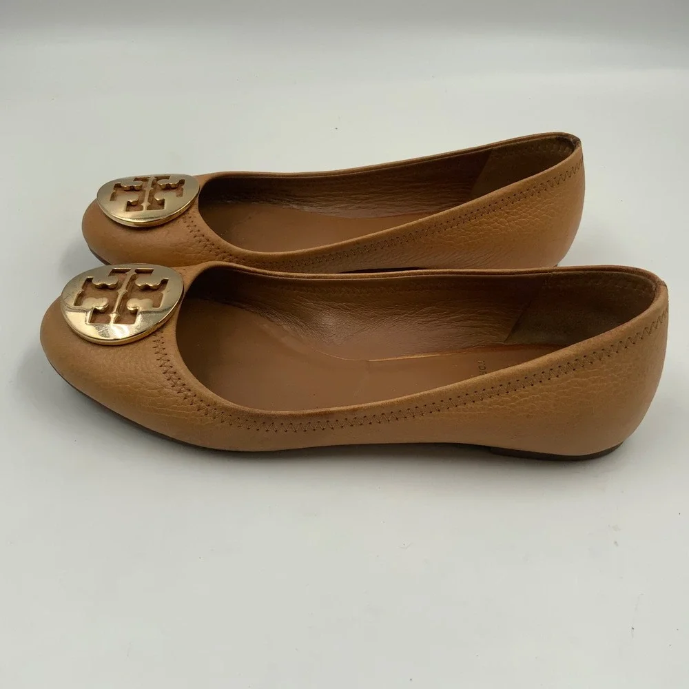 Tory Burch Tan Leather Ballet Flats with Gold Logo Medallion - Classic